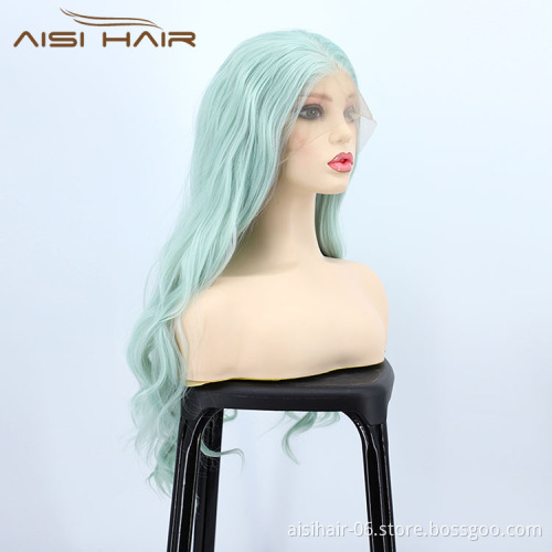 Party Curly Long Wavy Green Lace Frontal Wholesale Cheap Vendor Cosplay Synthetic Hair For Black Women Lace Front Wig